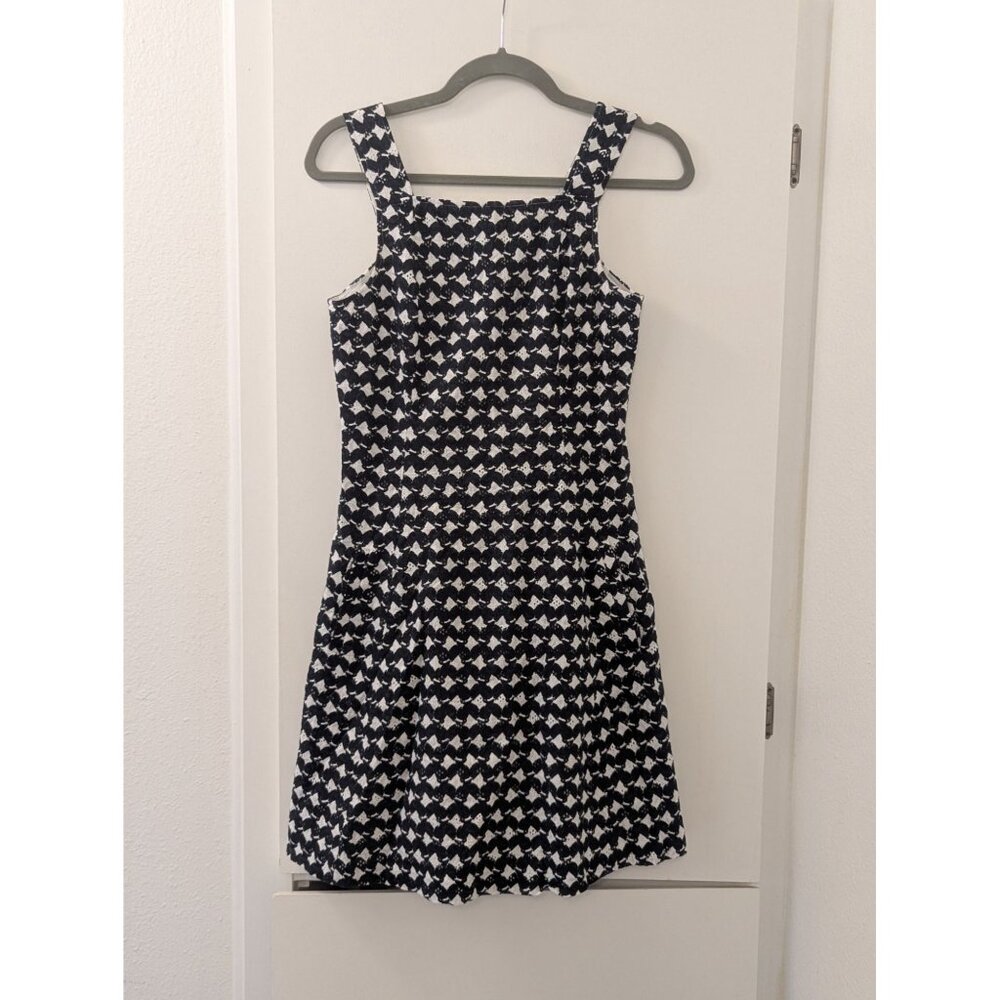 Theory Black & White Sleeveless Fit & Flare Dress With Floral Lace Overlay